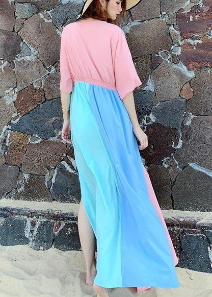 Stylish Pink Patchwork Blue Cotton Side Open Beach Gown Dresses