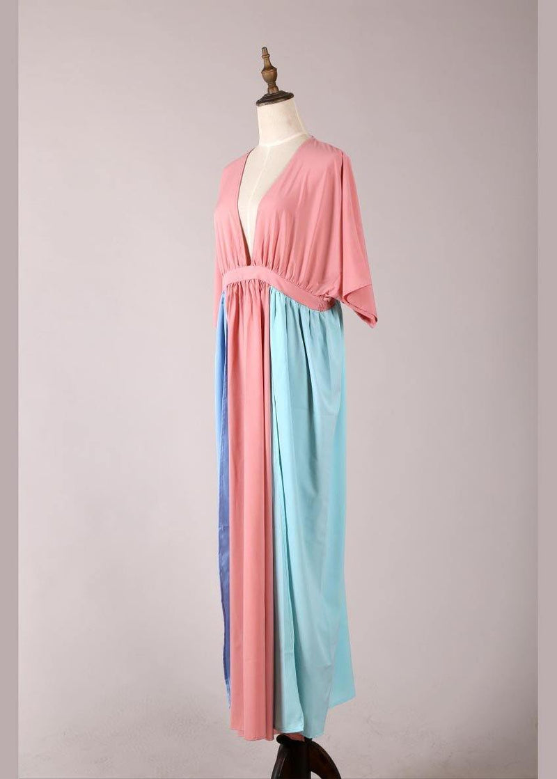 Stylish Pink Patchwork Blue Cotton Side Open Beach Gown Dresses