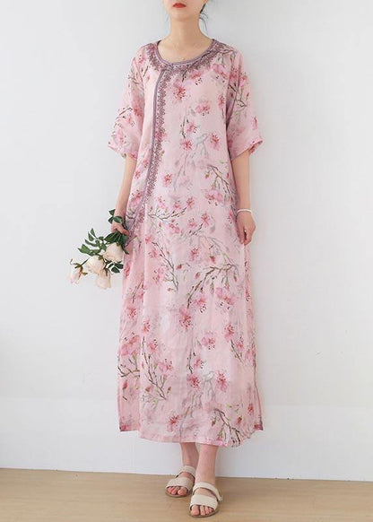 Stylish Pink Print Oriental Summer Linen Dress