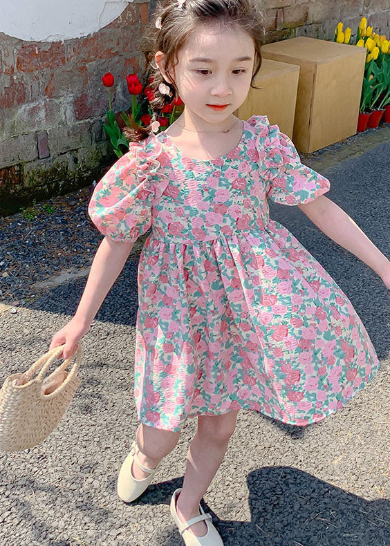 Stylish Pink Print Ruffled Bow Patchwork Chiffon Kids Dress Summer