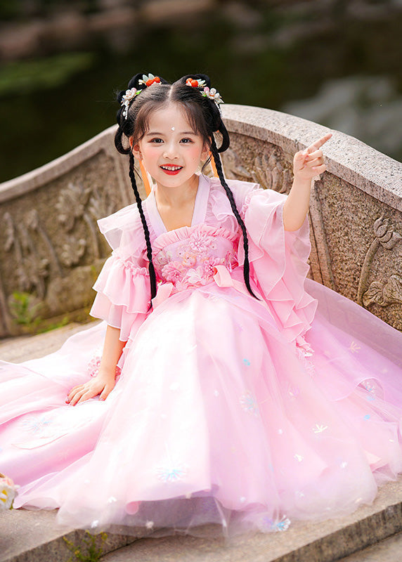 Stylish Pink Ruffled Patchwork Snow Embroideried Tulle Layered Maxi Dresses Summer