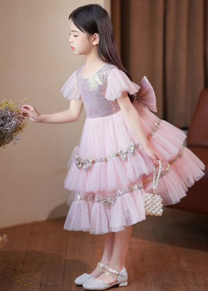 Stylish Pink Sequins Patchwork Bow Exra Large Hem Tulle Baby Maxi Dresses Summer