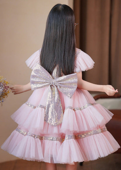 Stylish Pink Sequins Patchwork Bow Exra Large Hem Tulle Baby Maxi Dresses Summer