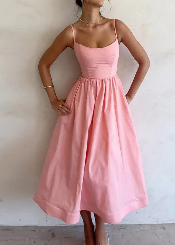 Stylish Pink Wrinkled Cotton Spaghetti Strap Dress Summer