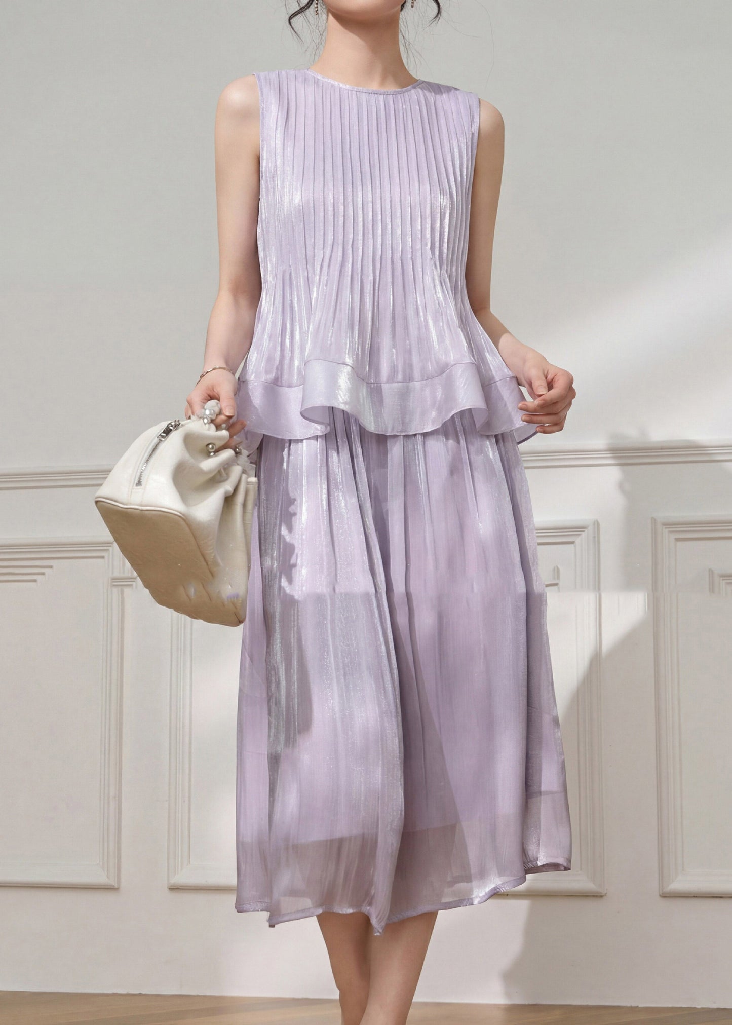 Stylish Purple Wrinkled Top and Maxi Skirts Two Pieces Set Summer