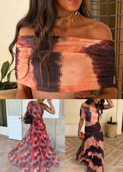 Stylish Red Cold Shoulder Print Tulle Long Dress Summer