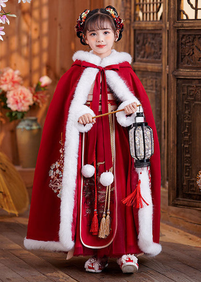Stylish Red Embroideried Fuzzy Fur Fluffy Hooded Cloak and Long Dress Two Pieces Set Long Sleeve