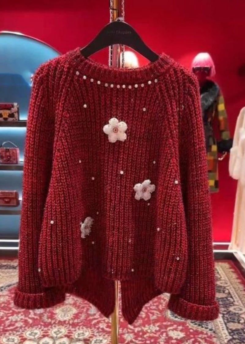 Stylish Red O-neck Nail Bead Thick Cotton Knit Sweater Tops Spring