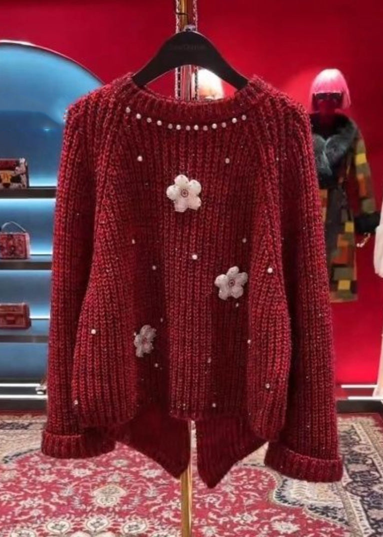 Stylish Red O-neck Nail Bead Thick Cotton Knit Sweater Tops Spring