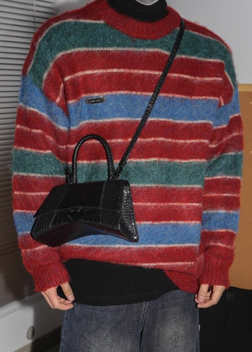 Stylish Red O Neck Striped Cozy Knit Sweaters Winter