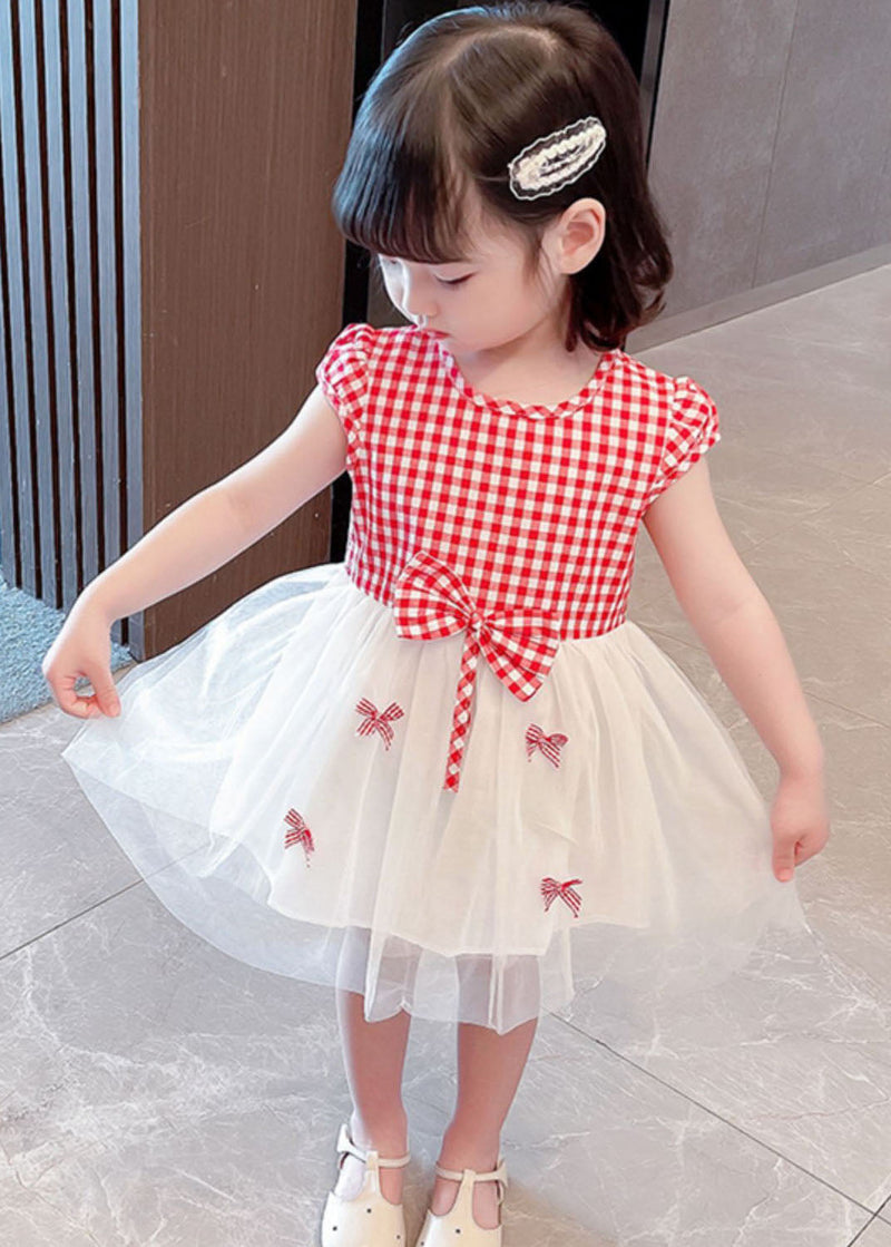 Stylish Red Plaid O Neck Bow Patchwork Tulle Baby Dress Summer