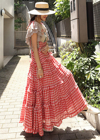 Stylish Red Plaid Slash Neck Button Layered Dresses Sleeveless