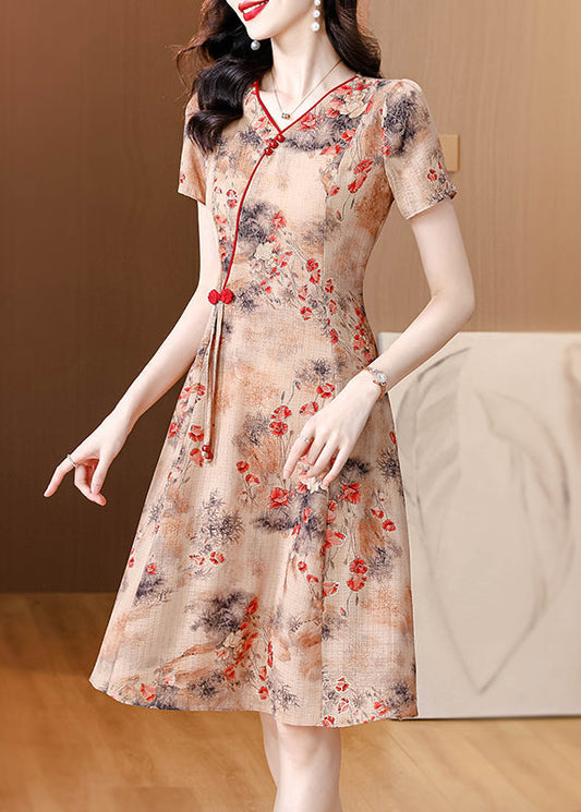 Stylish Red V Neck Print Tasseled Chiffon Mid Dress Summer