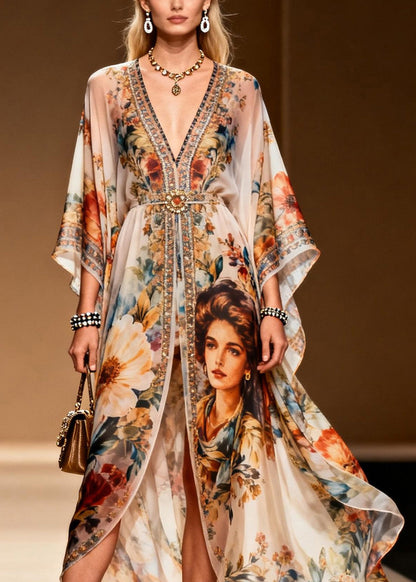 Stylish V Neck Asymmetrical Print Zircon Chiffon Dress Summer