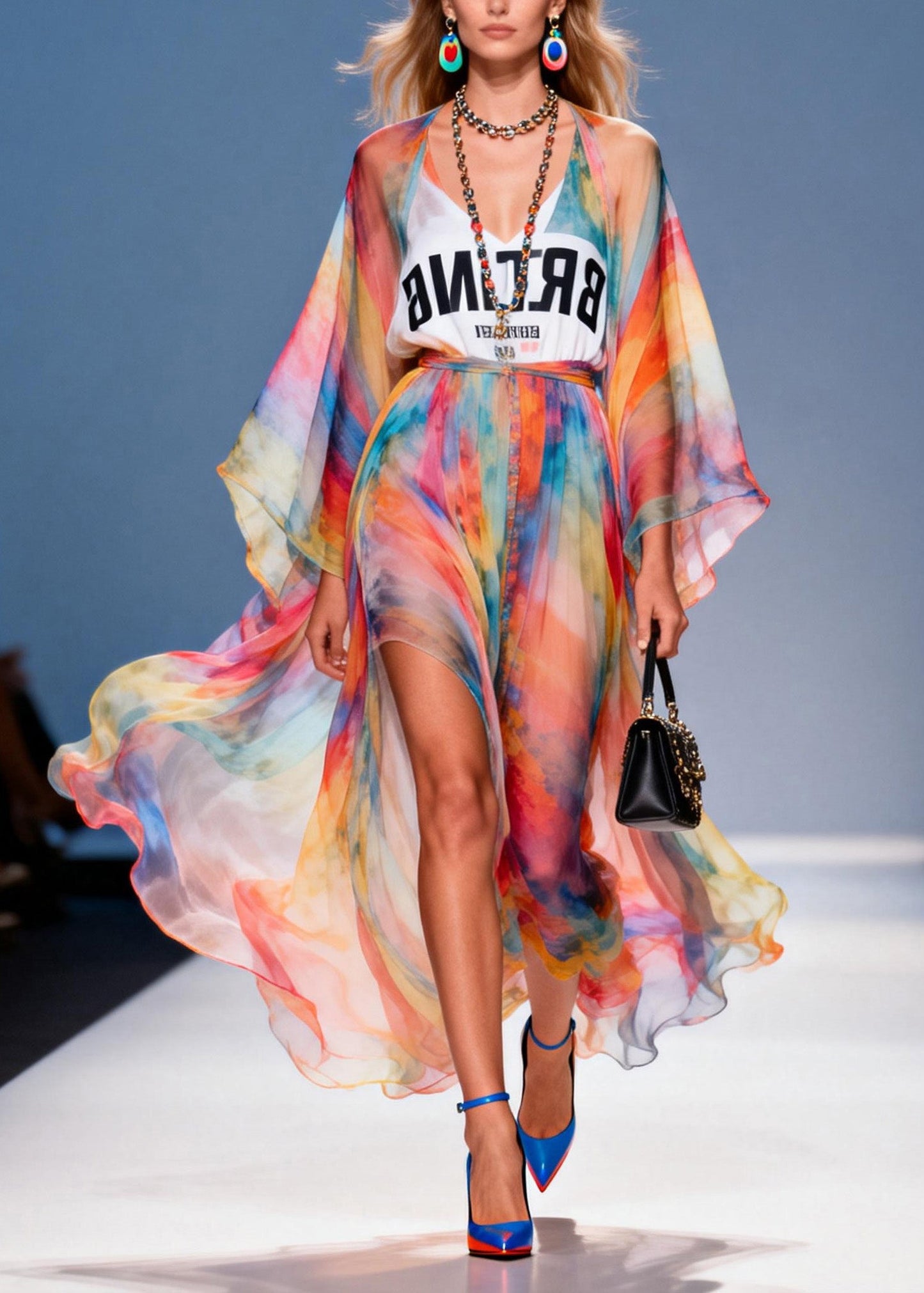 Stylish V Neck Print Patchwork Chiffon Dresses Summer
