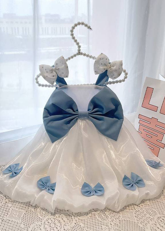 Stylish White Bow Patchwork Tulle Kids Long Dress Sleeveless