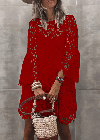Stylish White Hollow Out Lace Mid Dresses Flare Sleeve