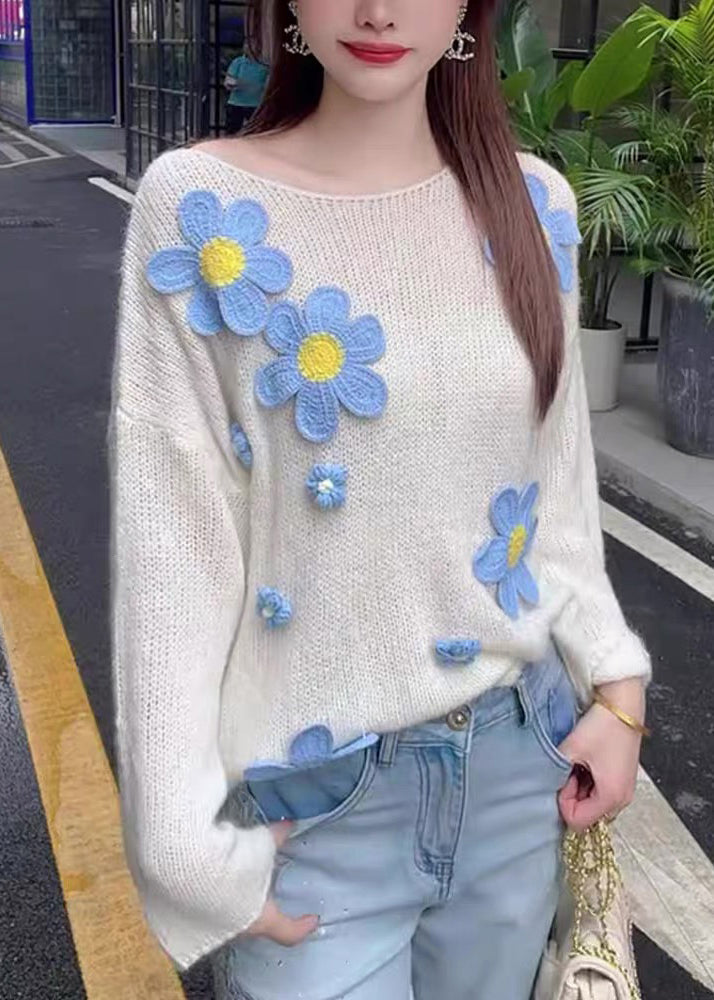 Stylish White O Neck Hollow Out Knit Sweater Tops Fall