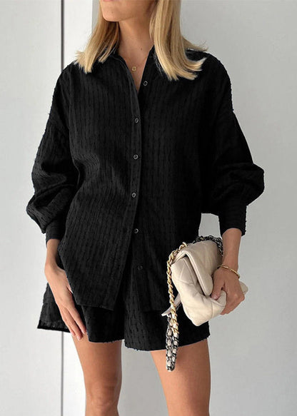 Stylish White Peter Pan Collar Striped Shirts and Shorts Two Pieces Set Lantern Sleeve