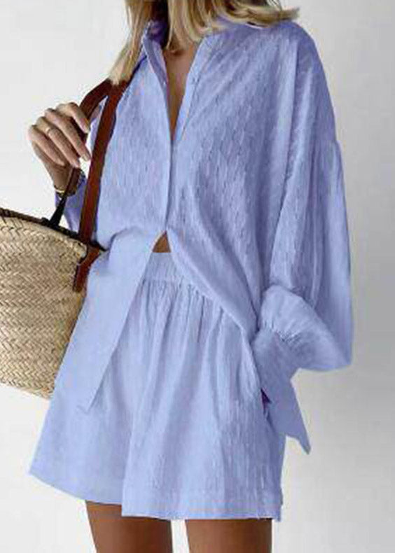 Stylish White Peter Pan Collar Striped Shirts and Shorts Two Pieces Set Lantern Sleeve