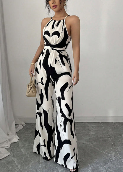 Stylish White Print Lace Up Cotton Jumpsuits Sleeveless
