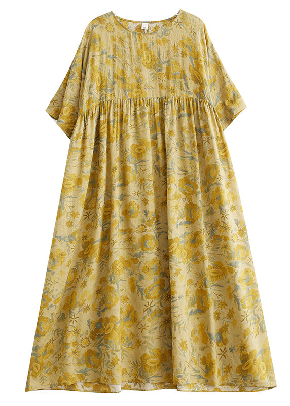 Stylish Yellow O-neck Print Chiffon Vacation Long Dress Short Sleeve