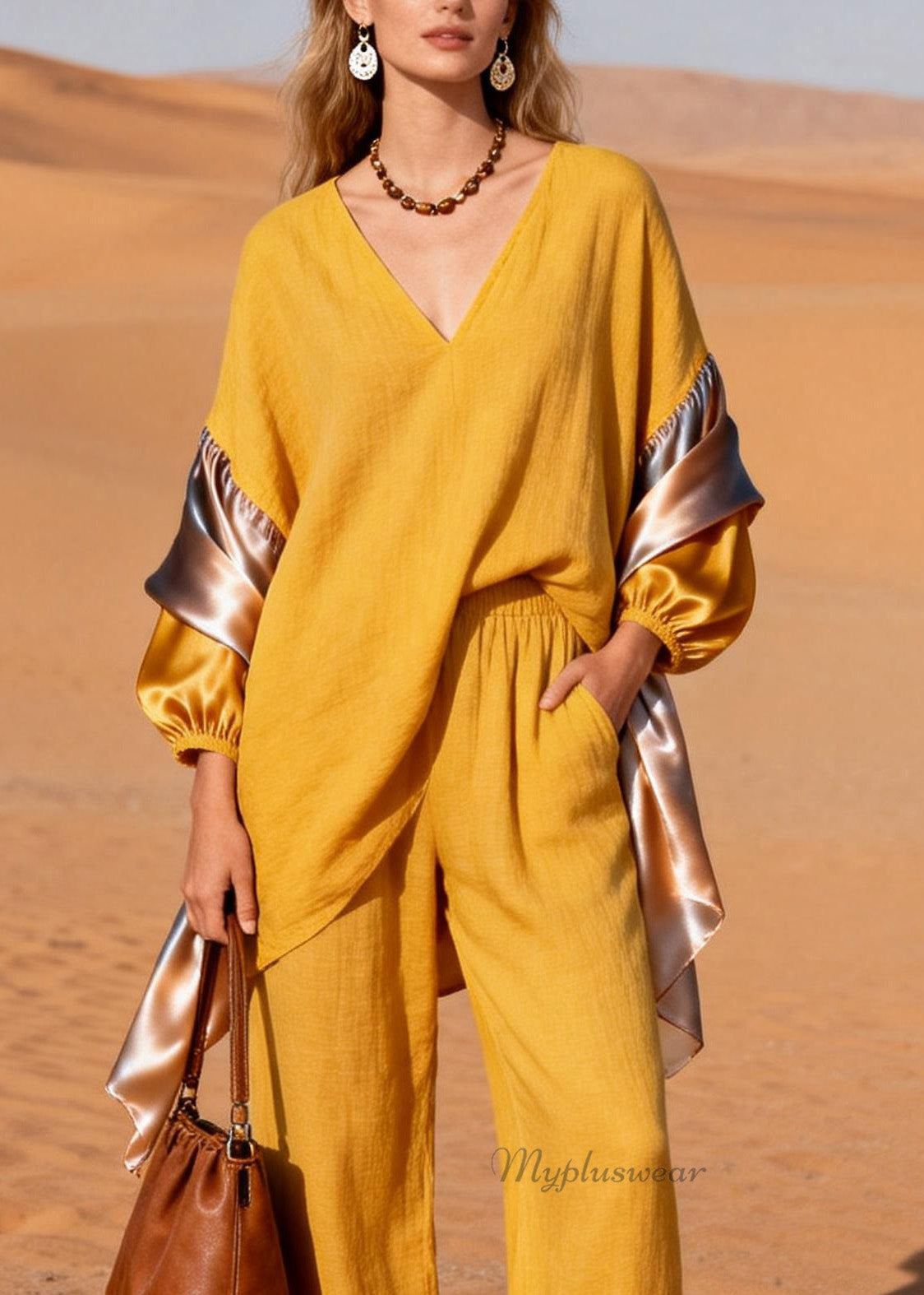 Stylish Yellow V Neck Patchwork Linen Silk Two Pieces Set Spring