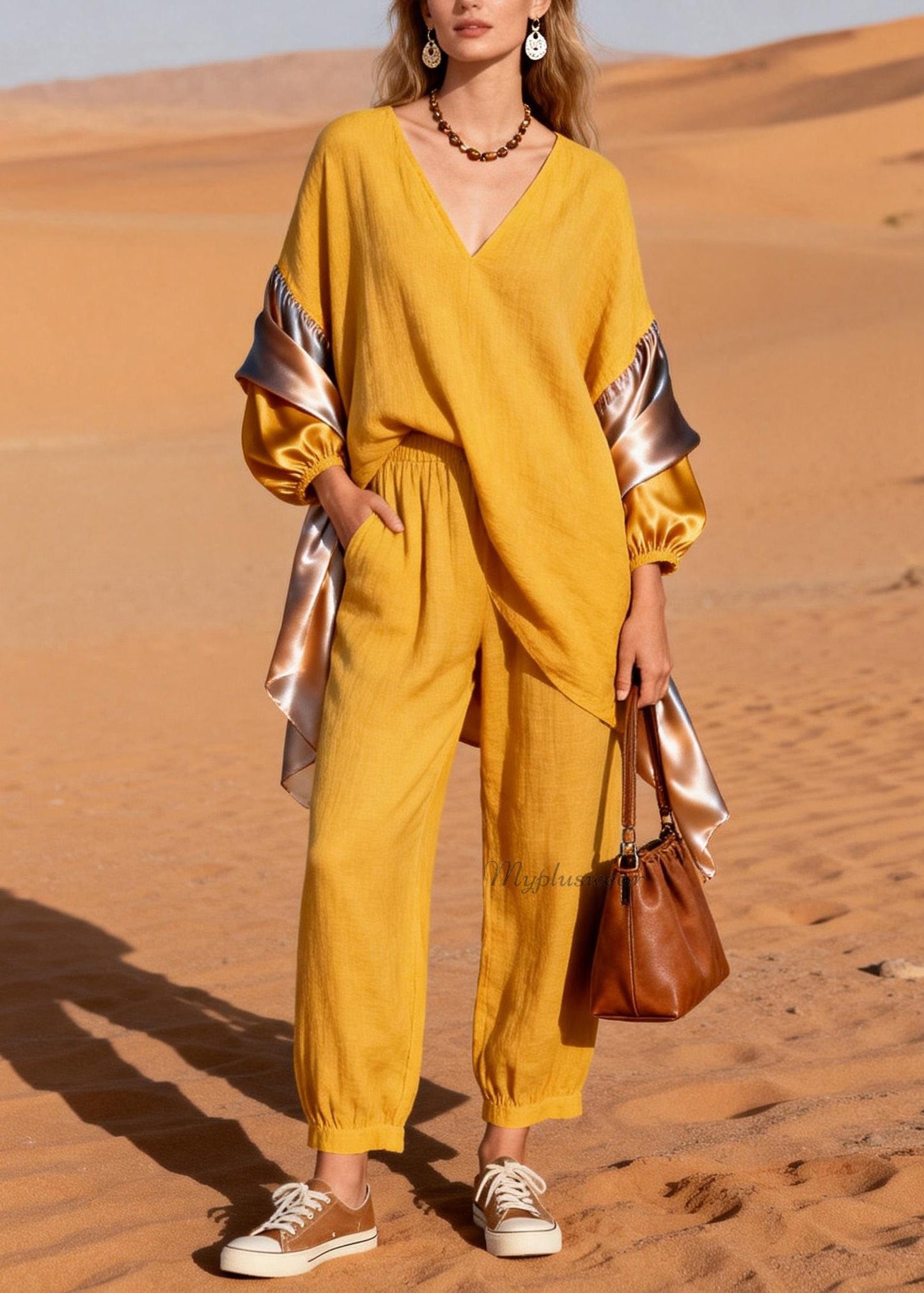 Stylish Yellow V Neck Patchwork Linen Silk Two Pieces Set Spring