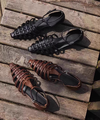 Summer Black Hollow Buckle Strap Chunky Heel Pointed Roman Sandals