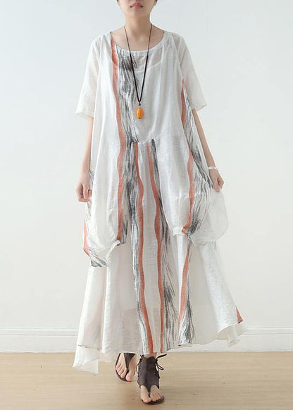 Summer White Chiffon Print O Neck Dress