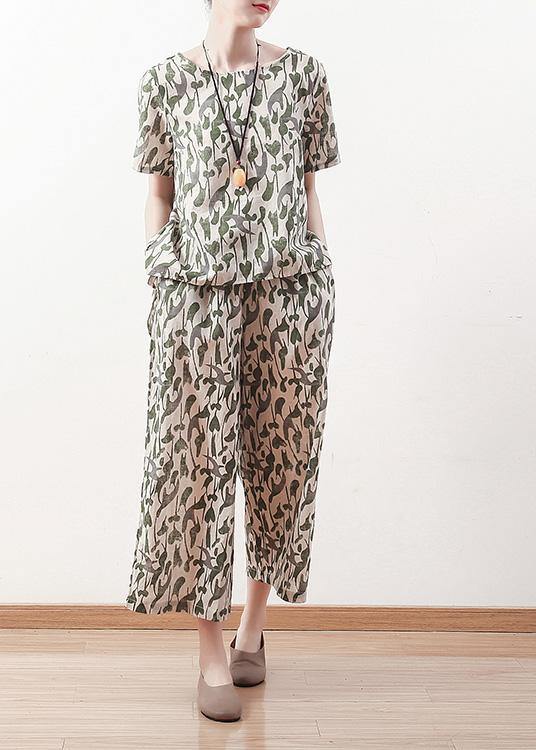 Summer Original Design Green Short Sleeve Prints Linen Print Shirt Pants Two Pieces