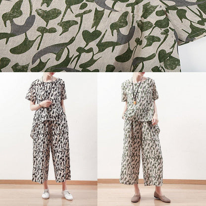 Summer Original Design Green Short Sleeve Prints Linen Print Shirt Pants Two Pieces