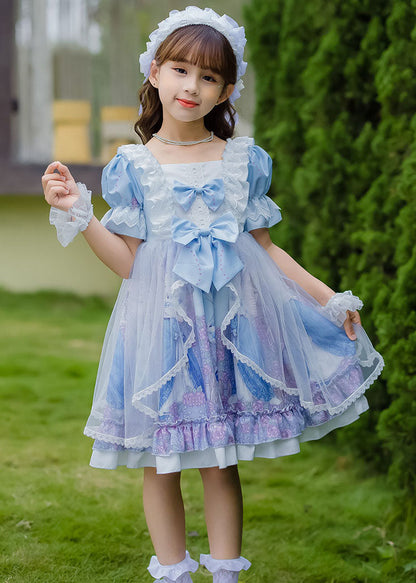 Sweet Pink Ruffled Bow Character Patchwork Tulle Kids Princess Dress Summer