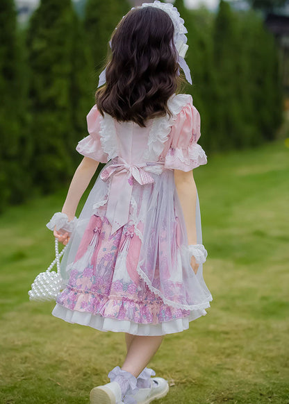 Sweet Pink Ruffled Bow Character Patchwork Tulle Kids Princess Dress Summer