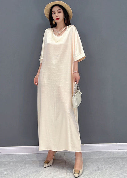 Beige O-neck Oversized Tie Waist Silk Long Dress Half Sleeve