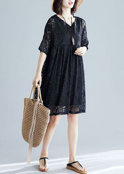 Black V Neck Wrinkled Exra Large Hem Lace a Line Dress Short Sleeve