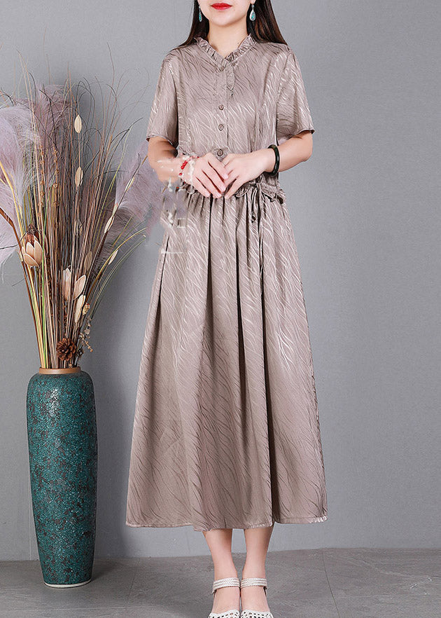 Lotus Root Pink V Neck Button Drawstring Silk Dresses Short Sleeve