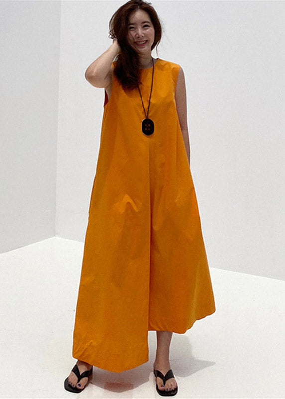Orange O-neck Asymmetrical Pockets Cotton Long Dresses Sleeveless