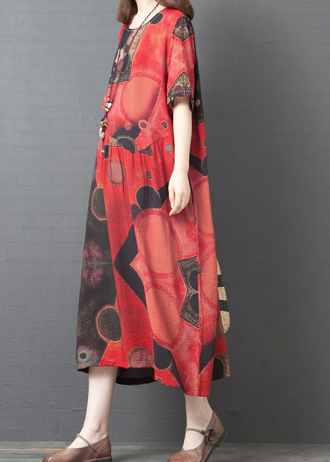 Red O-neck Print Cotton Beach Dress Short Sleeve
