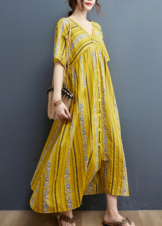 Yellow Print Cotton Maxi Dresses Short Sleeve