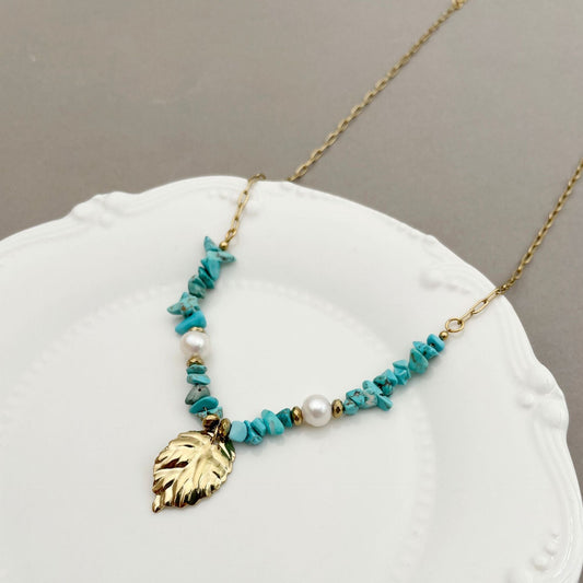 Turquoise Pearl Leaf Necklace