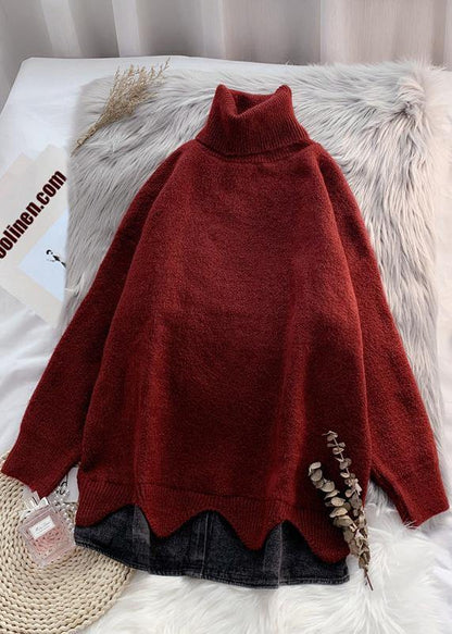 Turtleneck Sweater Loose Burgundy Net Red Inner Padded Top