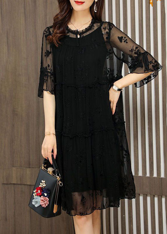 Unique Black O-neck Embroidered Patchwork Tulle Dress Half Sleeve
