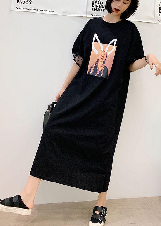 Unique Black O-neck Puff Sleeve Summer Character Long Dress