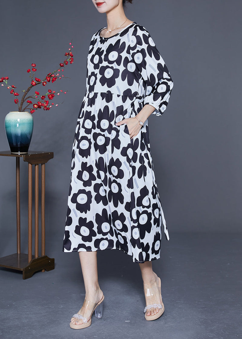 Unique Black O-neck Sunflower Print Silk Dresses Bracelet Sleeve