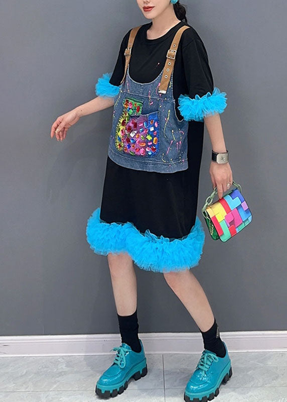 Unique Black Patchwork Blue O-neck Tulle Mid Dresses Summer