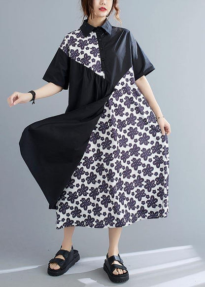 Unique Black Patchwork Print Peter Pan Collar Summer Chiffon Dress
