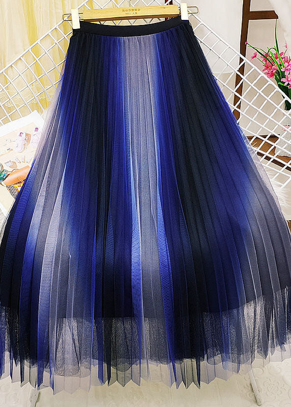 Unique Blue Elastic Waist Gradient Color Wrinkled Tulle a Line Skirts Spring