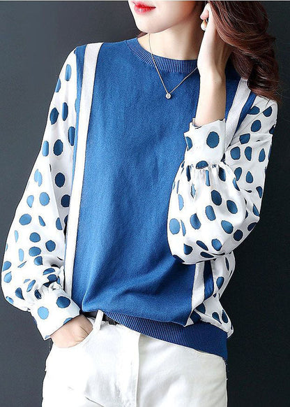 Unique Blue O-neck Oversized Patchwork Chiffon Knit Top Spring
