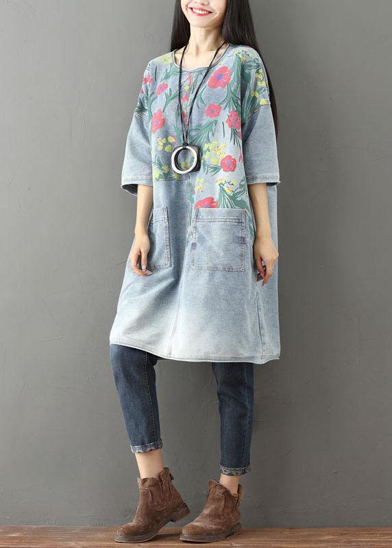 Unique Blue O-neck Pockets Print Fall Denim Dresses Half Sleeve